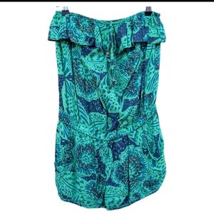 Green Tropical Boho Strapless Romper Ruffle Festival Y2K S Jessica Simpson